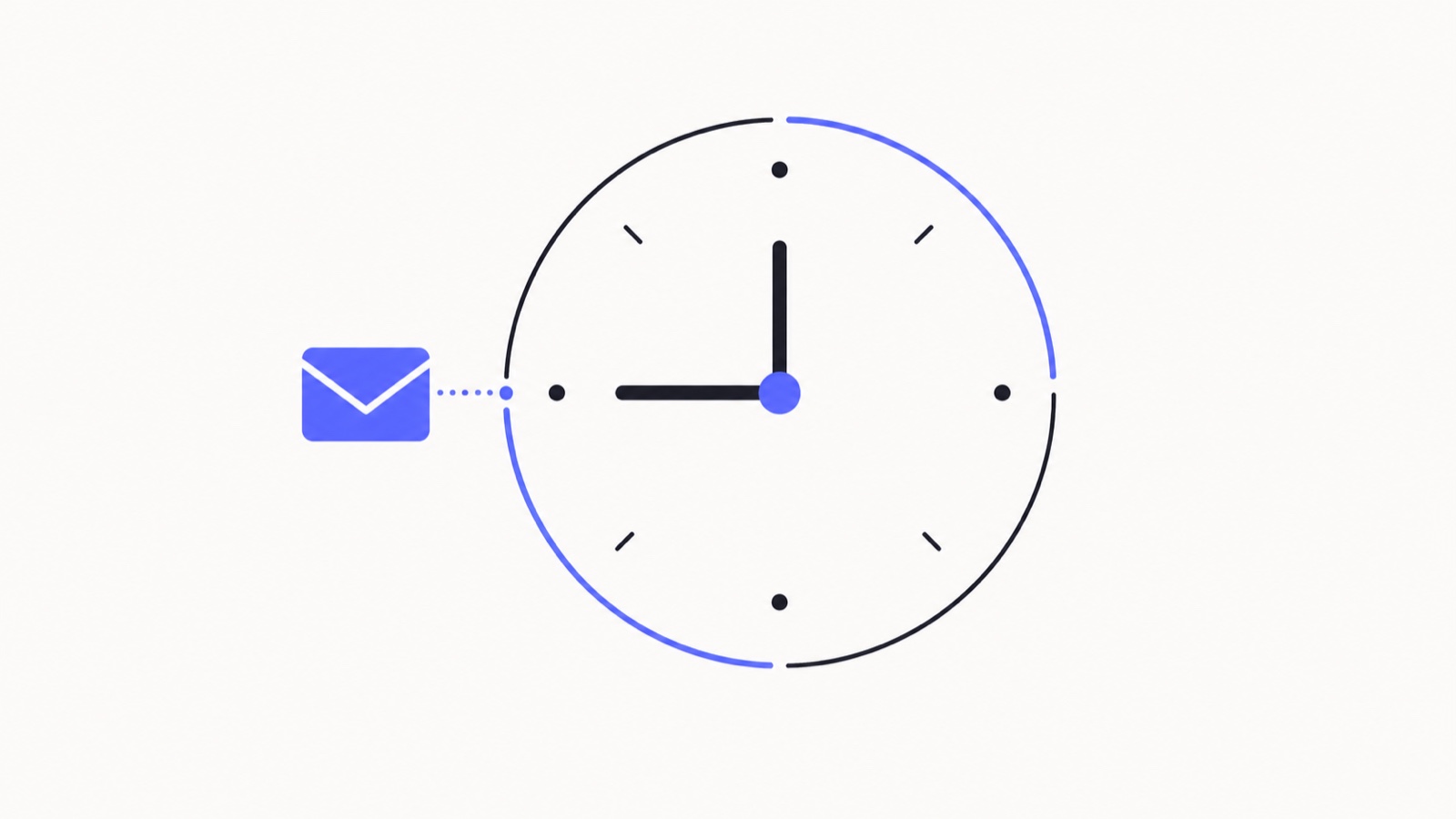 An envelope arriving at a clock face, marking the moment a message is sent