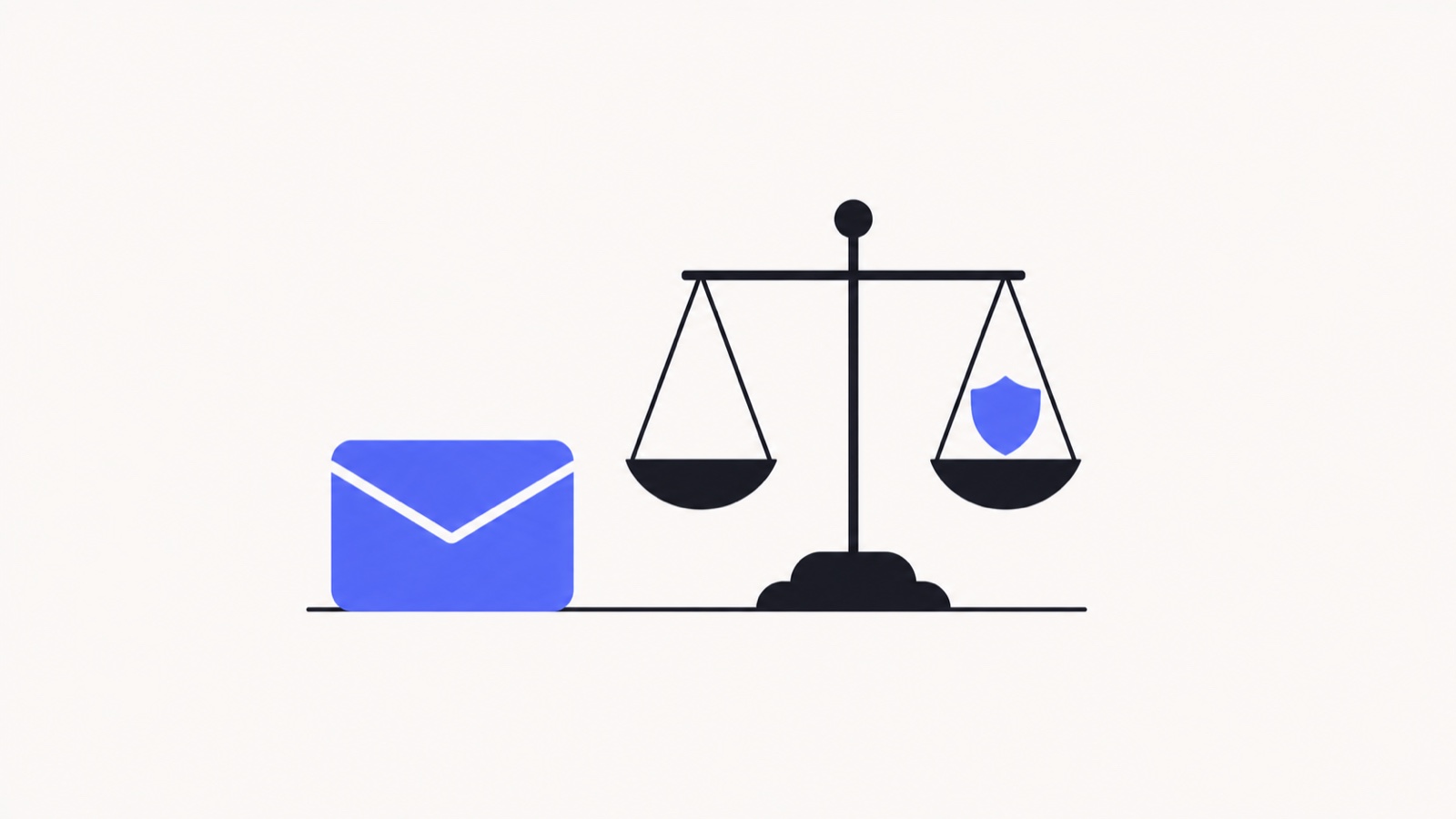 An envelope beside a set of scales, one pan holding a shield